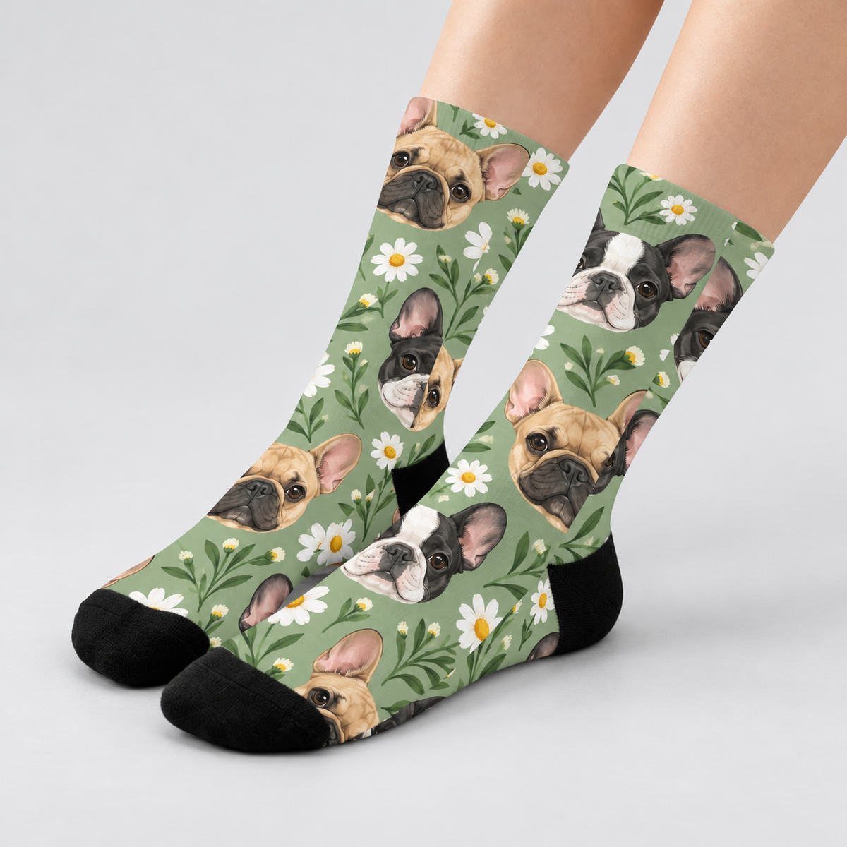 Frenchie Daisy Meadow Crew Socks — light gray studio view