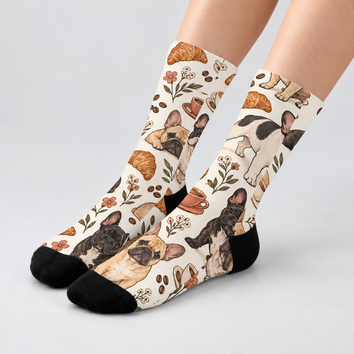Frenchie Café Club Crew Socks — light gray studio view