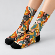 Retro Frenchie Grooves Crew Socks — light gray studio view