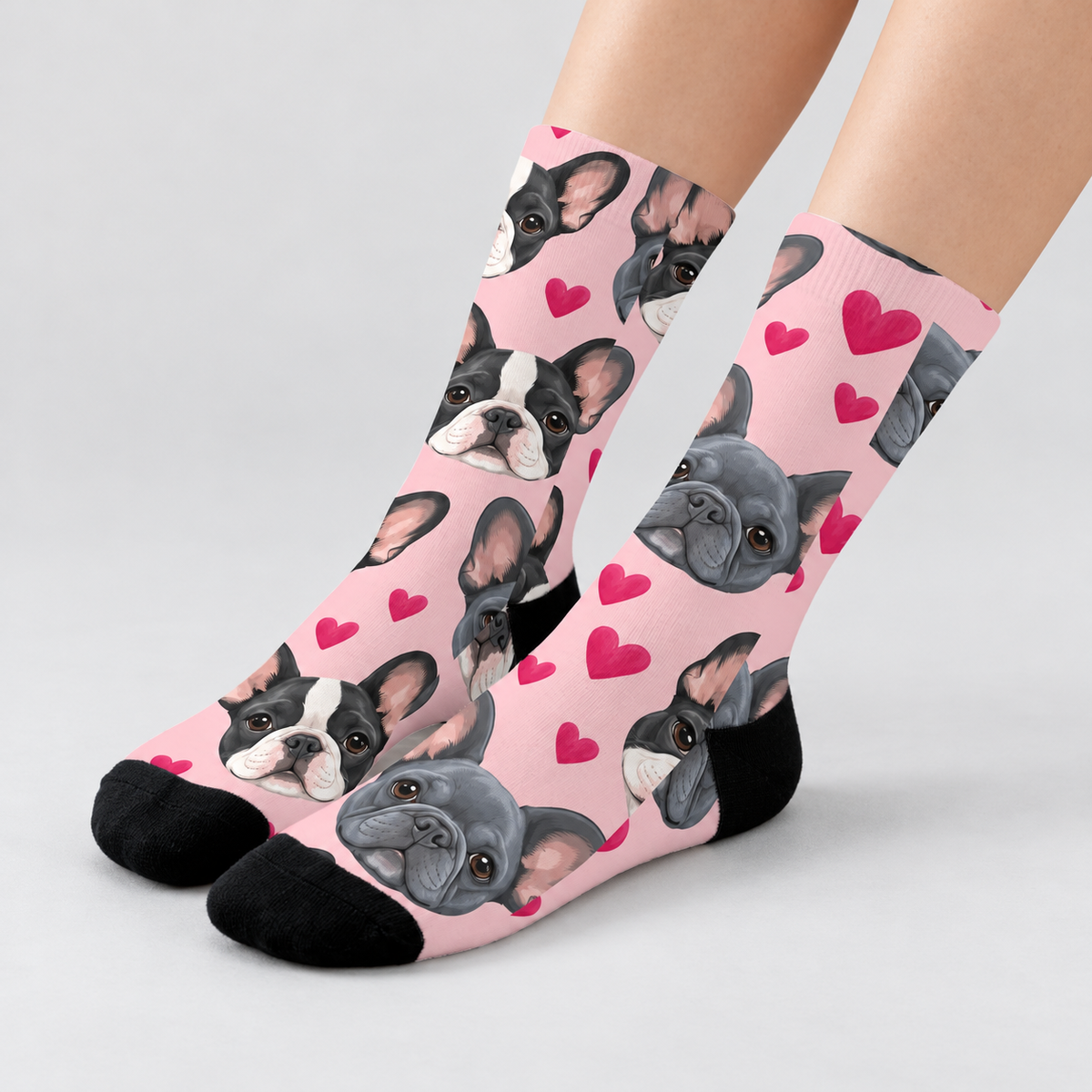Blush Frenchie Hearts Crew Socks — light gray studio view