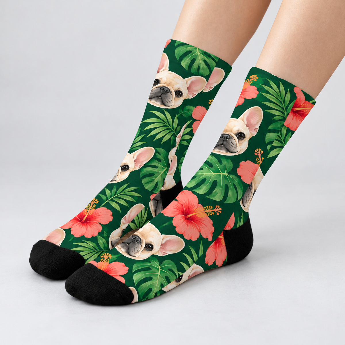 Frenchie Tropical Escape Crew Socks — light gray studio view