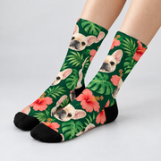 Frenchie Tropical Escape Crew Socks — light gray studio view