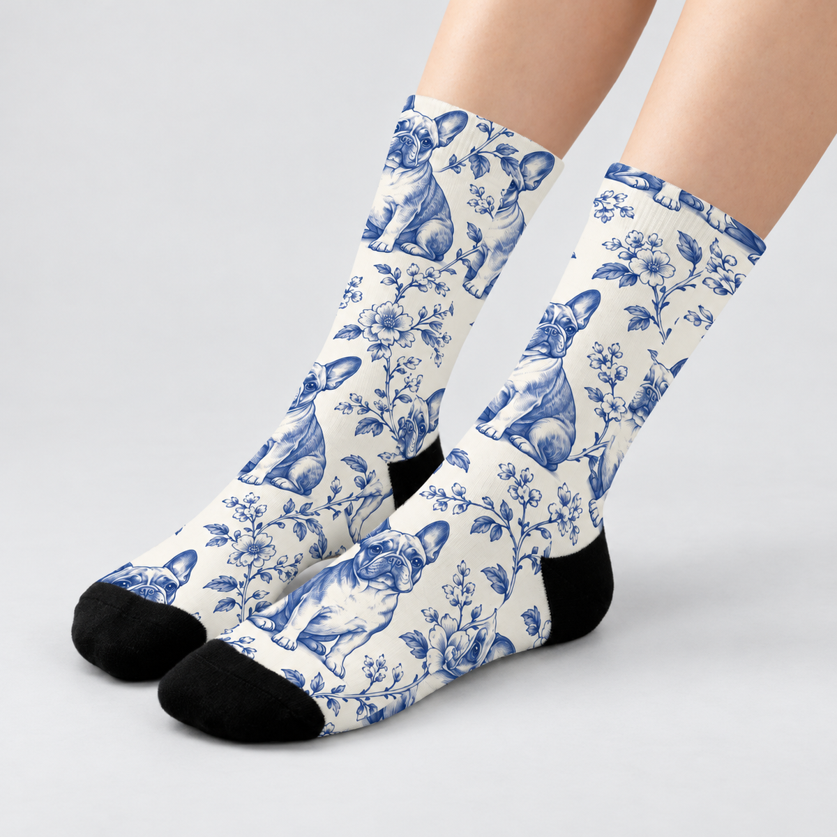 Frenchie Blue Toile Crew Socks — light gray studio view