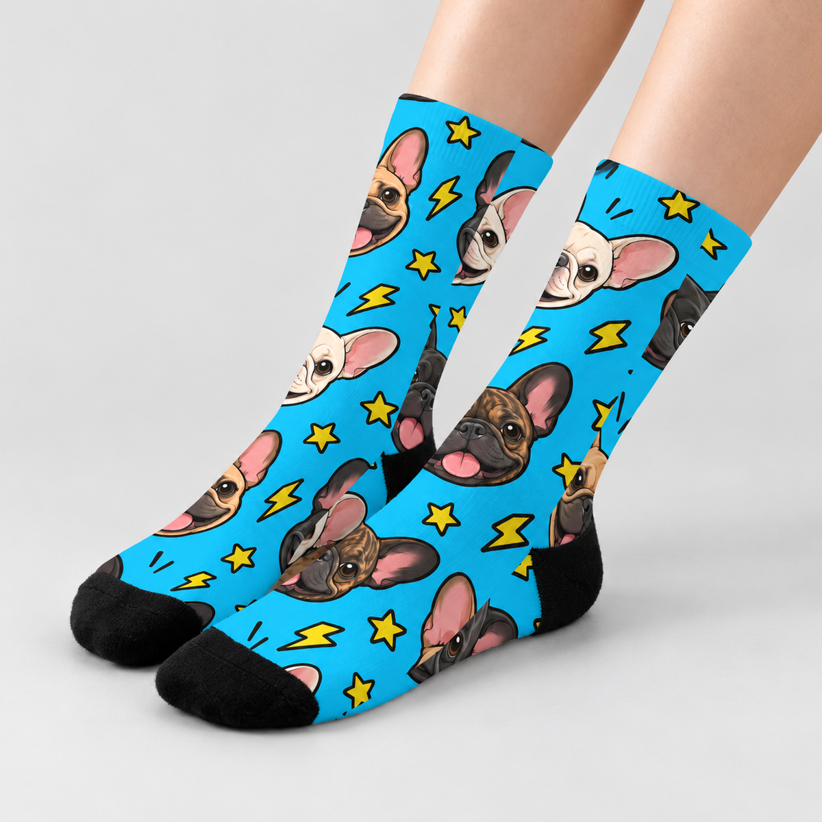Comic Frenchie Chaos Crew Socks — light gray studio view