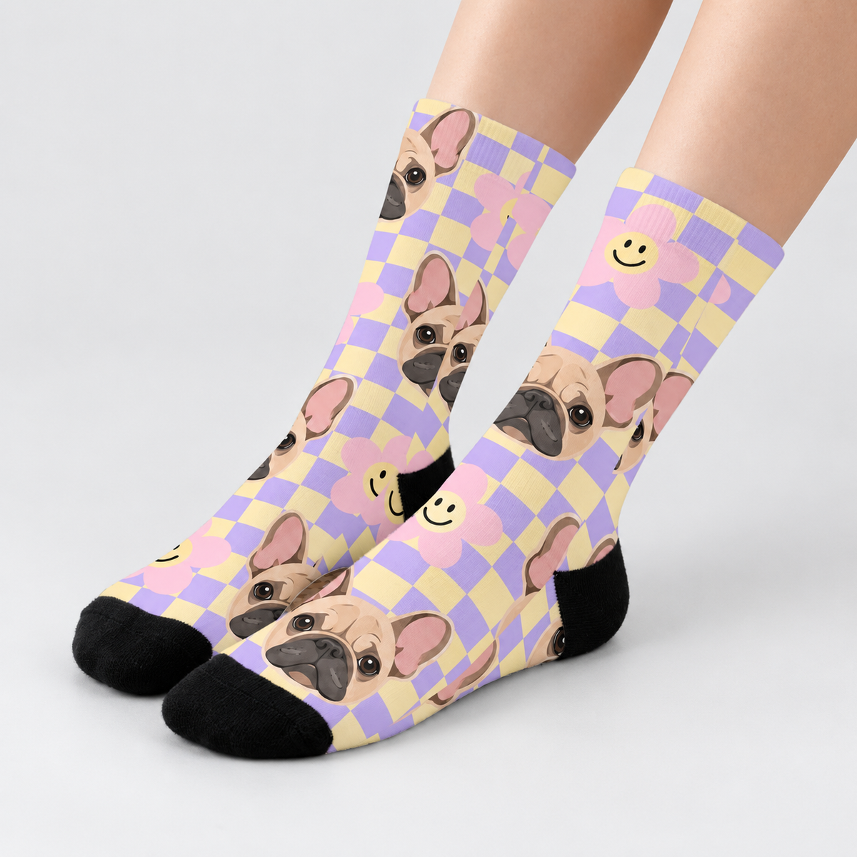 Frenchie Pastel Checkerboard Crew Socks — light gray studio view