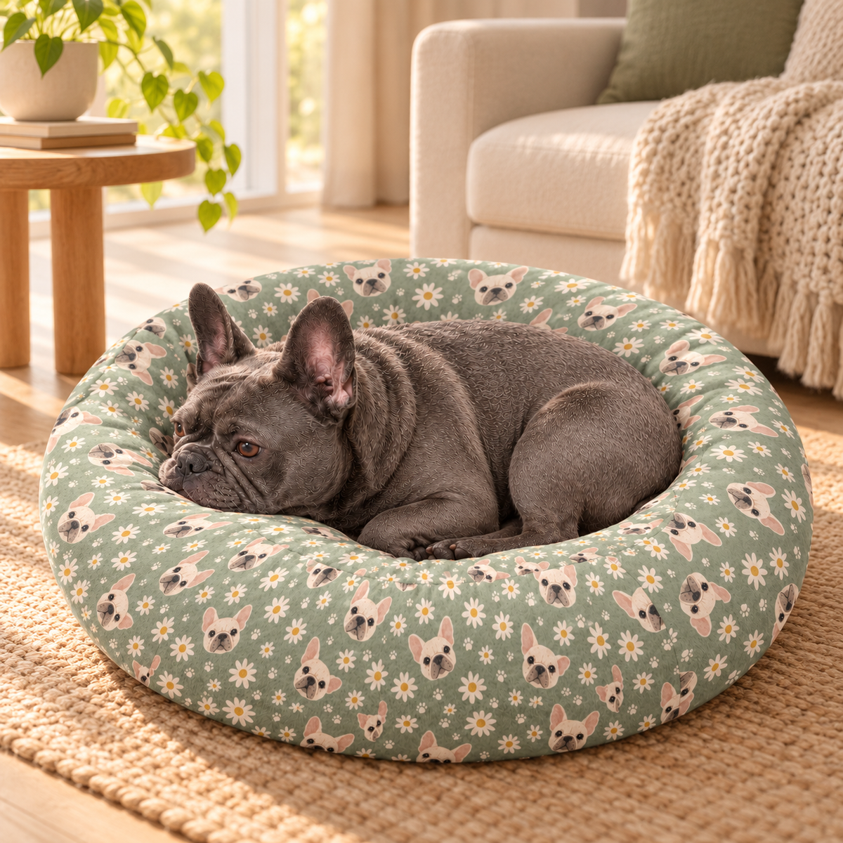 Sage Daisy Frenchie Round Dog Bed — Frenchie relaxing in a cozy room