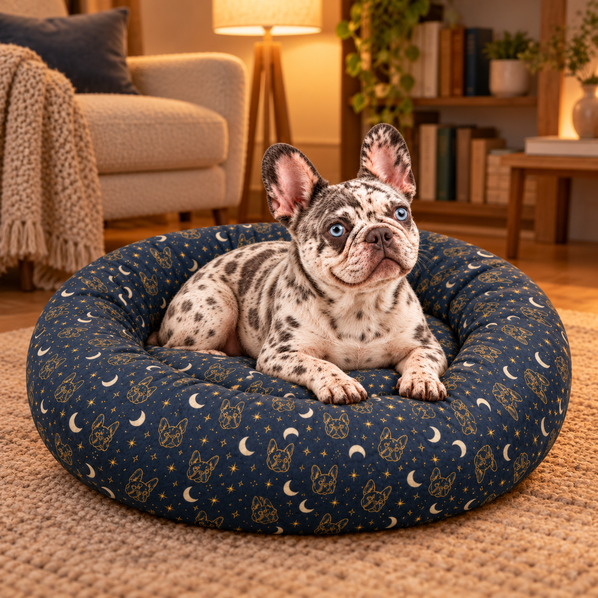 Midnight Constellation Frenchie Round Dog Bed — Frenchie relaxing in a cozy room