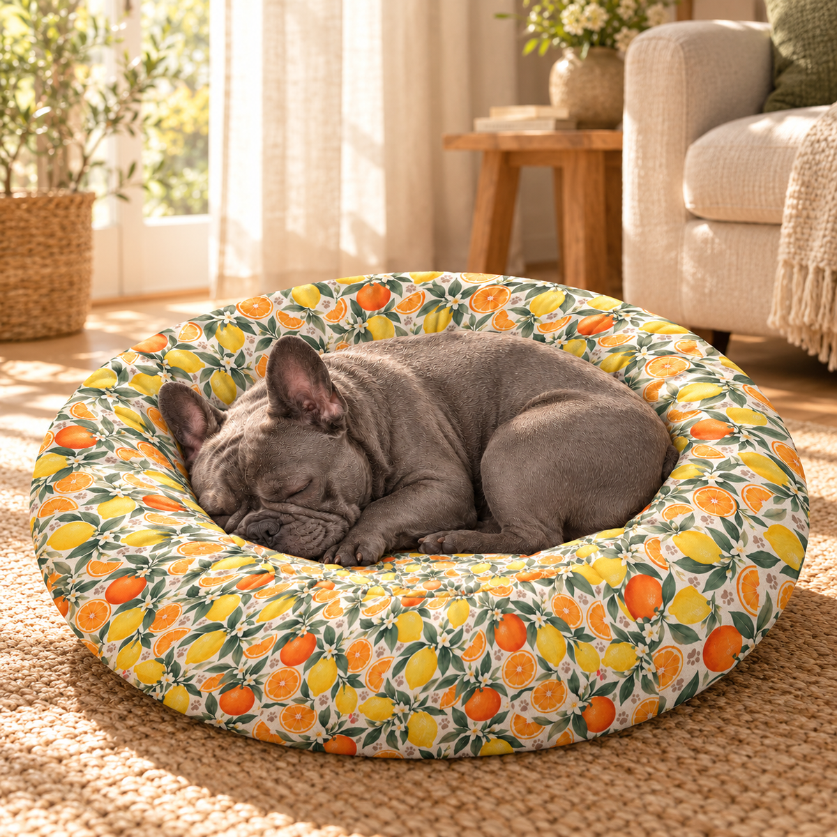 Citrus Grove Round Dog Bed — Frenchie relaxing in a cozy room
