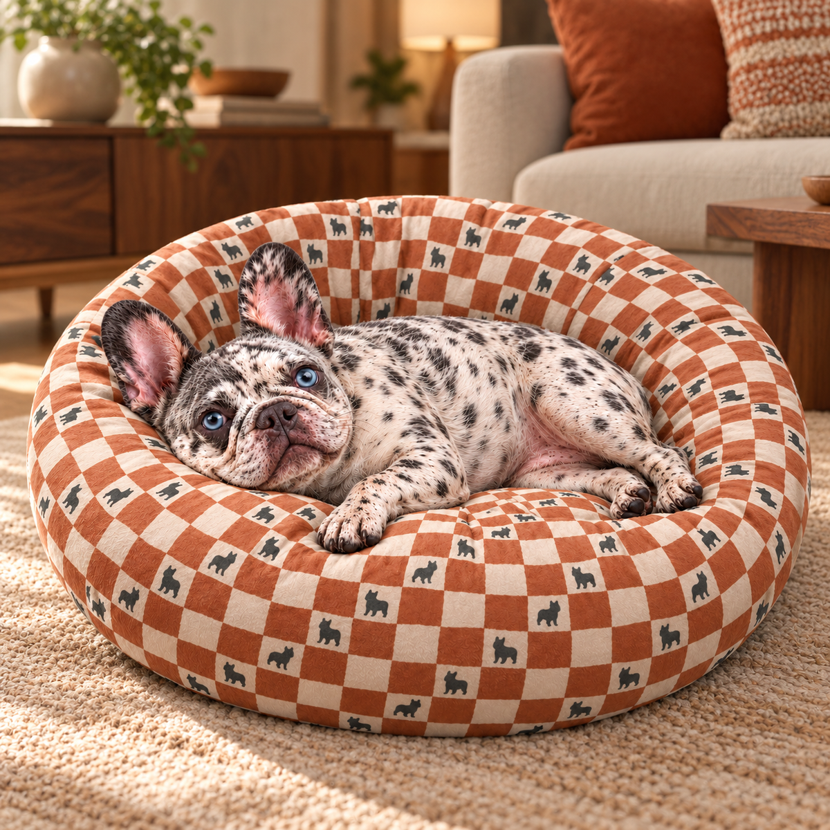 Retro Check Frenchie Round Dog Bed — Frenchie relaxing in a cozy room