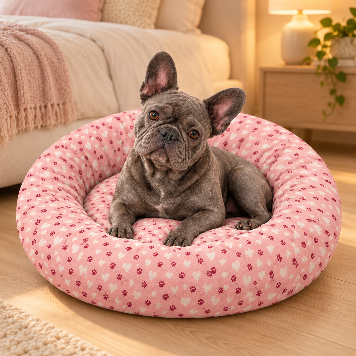 Blush Hearts & Paws Round Dog Bed — Frenchie relaxing in a cozy room