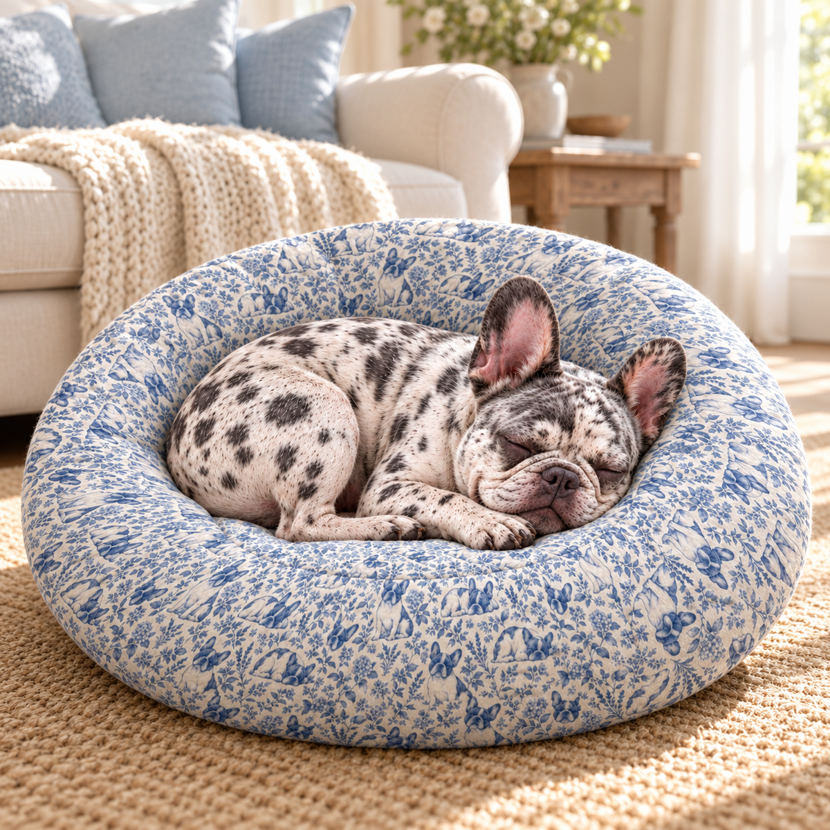 Blue Toile Frenchie Round Dog Bed — Frenchie relaxing in a cozy room