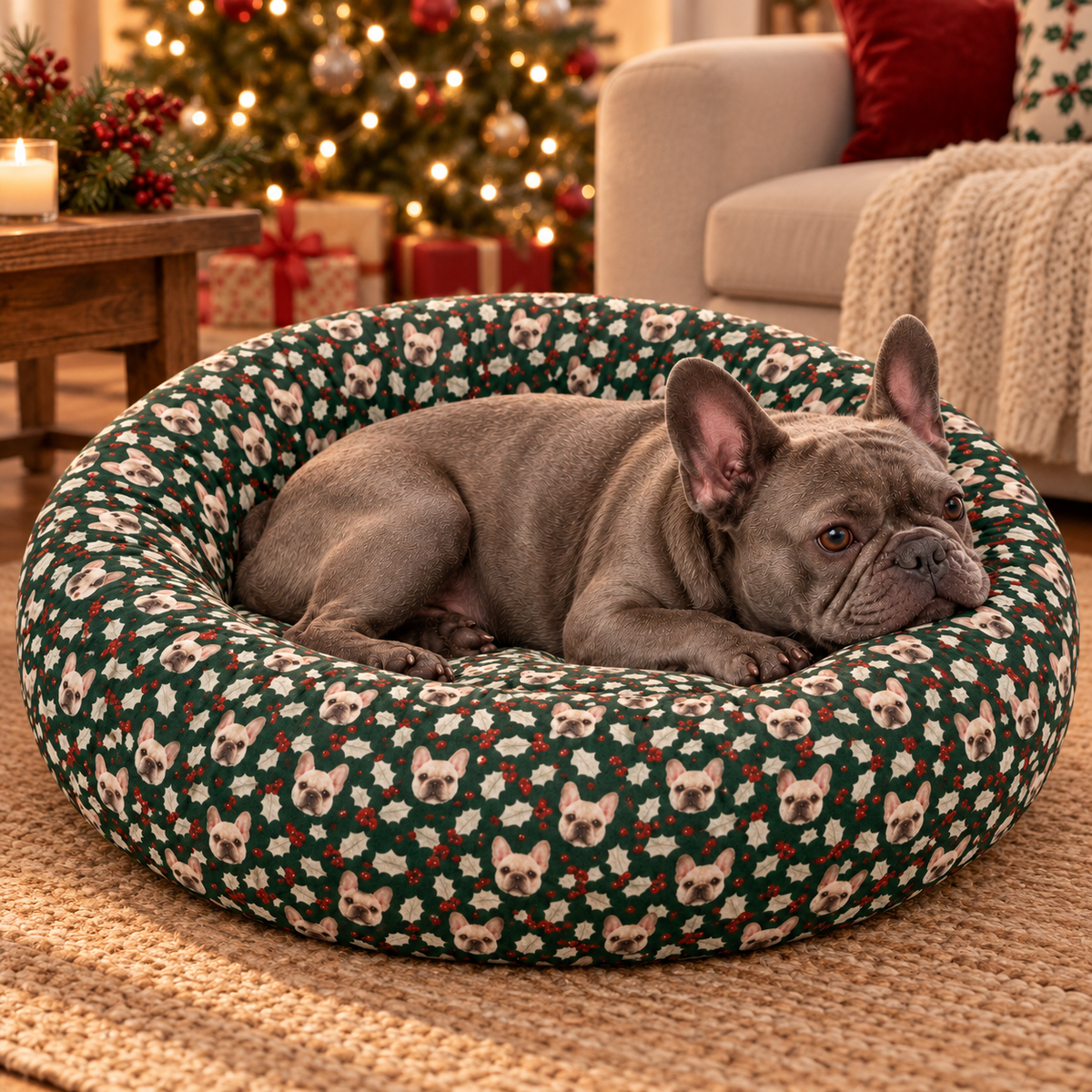 Holly Frenchie Christmas Round Dog Bed — Frenchie relaxing in a cozy room