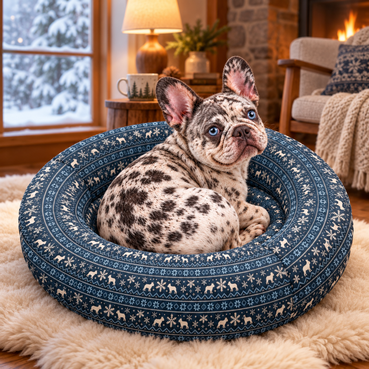 Nordic Snow Frenchie Round Dog Bed — Frenchie relaxing in a cozy room