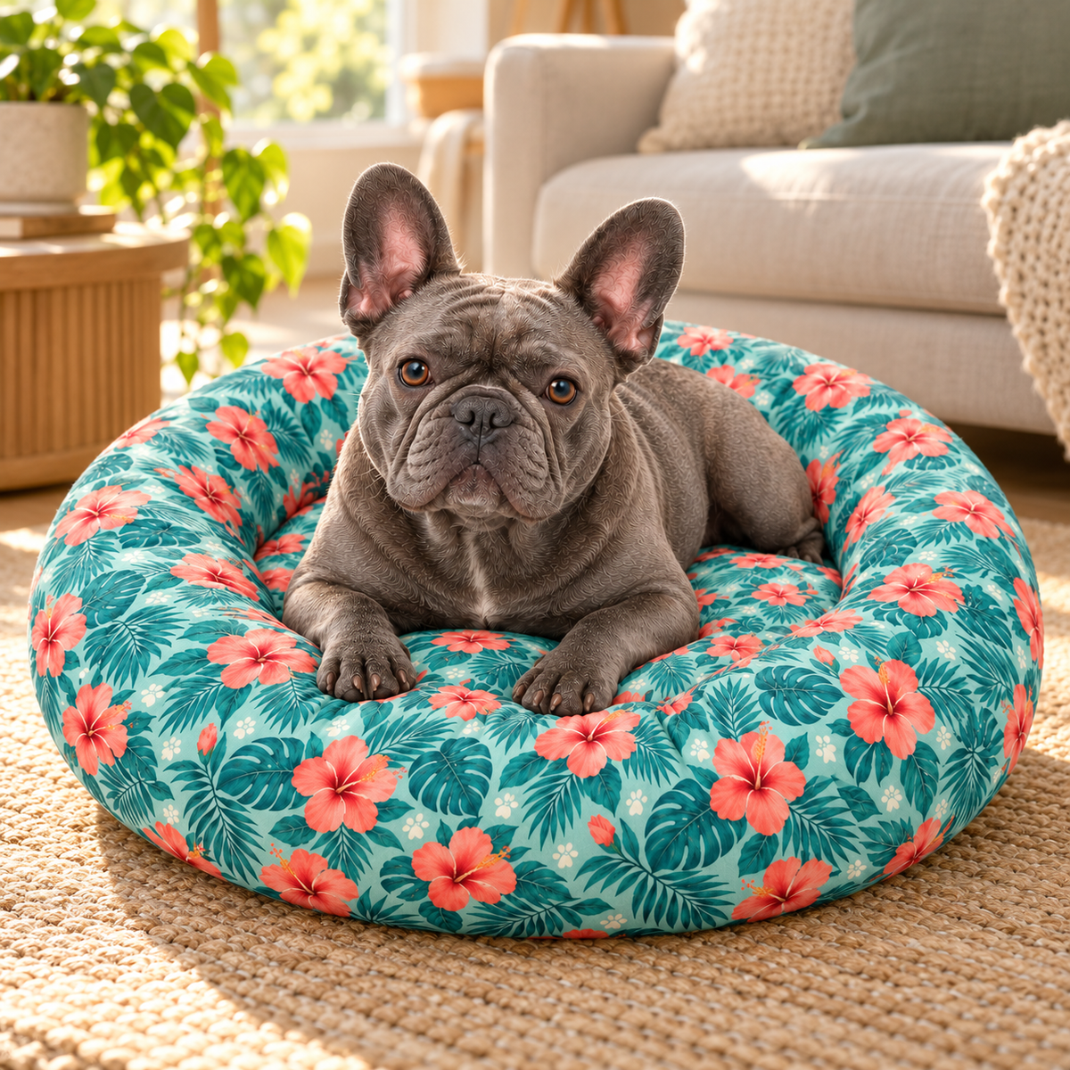 Tropical Leaves Round Dog Bed — Frenchie relaxing in a cozy room