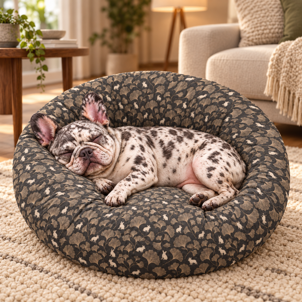 Charcoal Ginkgo Frenchie Round Dog Bed — Frenchie relaxing in a cozy room