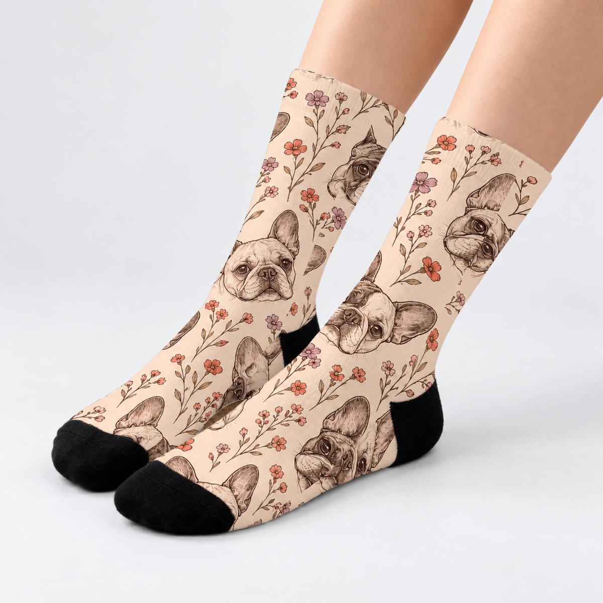 Frenchie Wildflower Sketch Crew Socks — light gray studio view