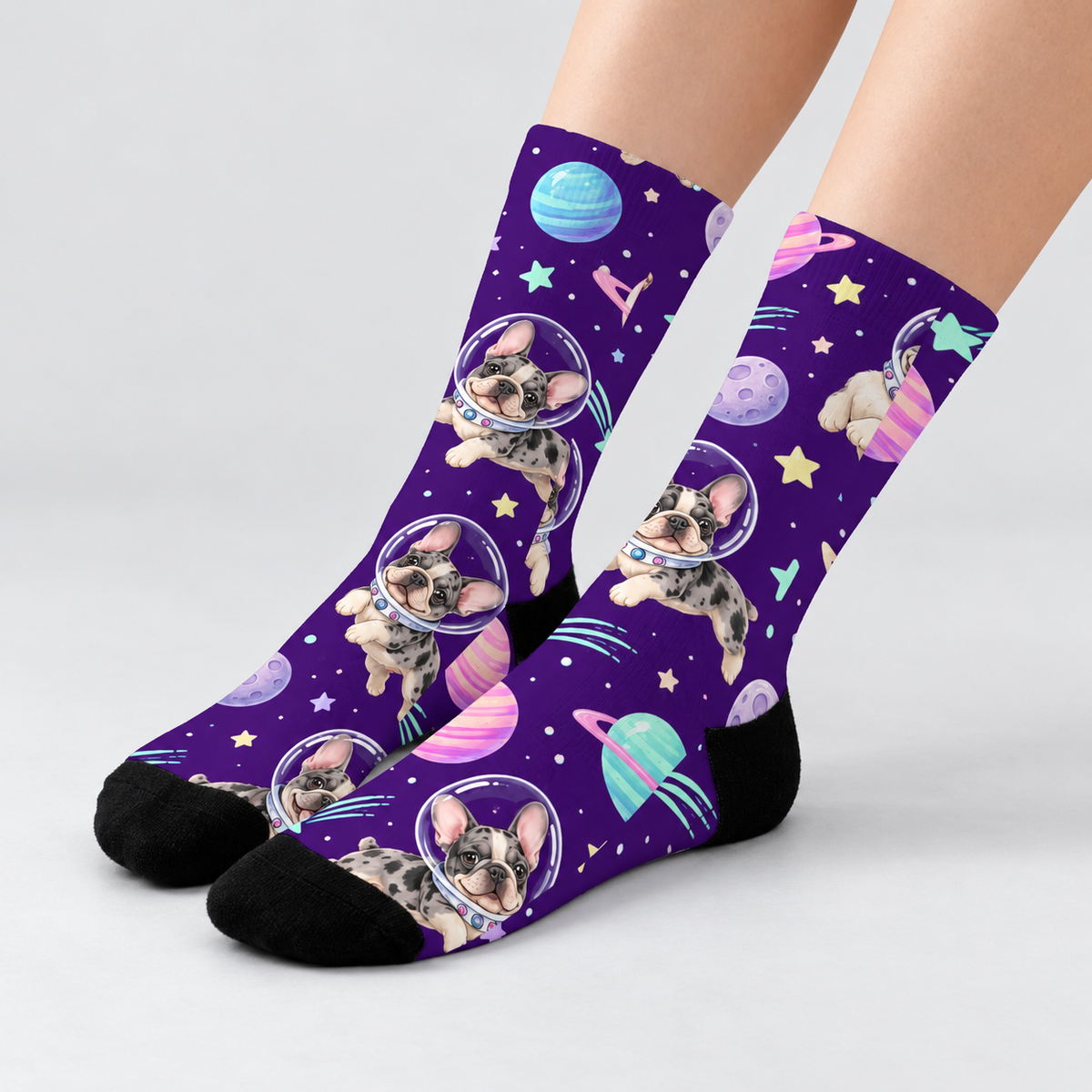 Frenchie Cosmic Pop Crew Socks — light gray studio view