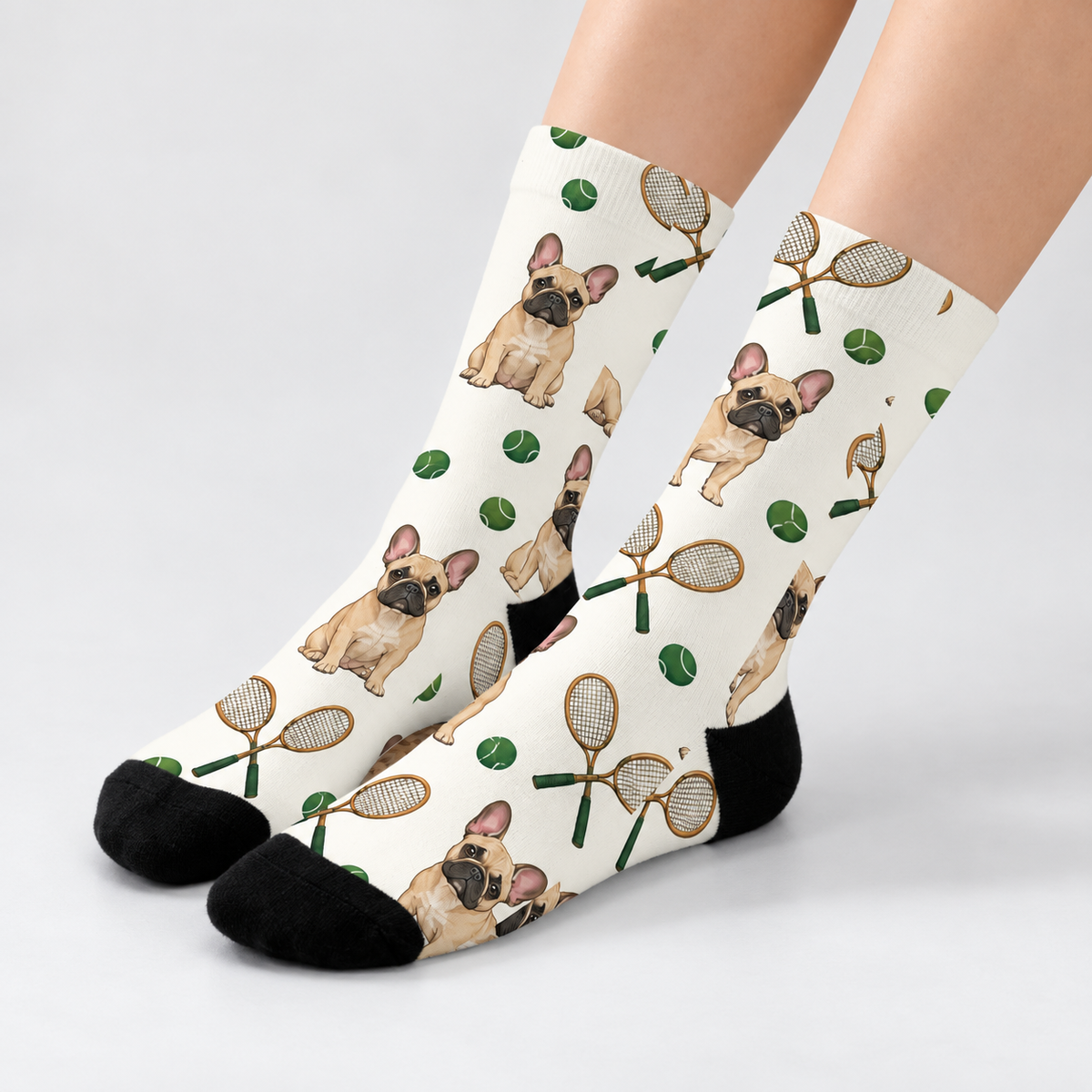 Frenchie Tennis Social Crew Socks — light gray studio view