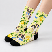 Frenchie Lemon Picnic Crew Socks — light gray studio view