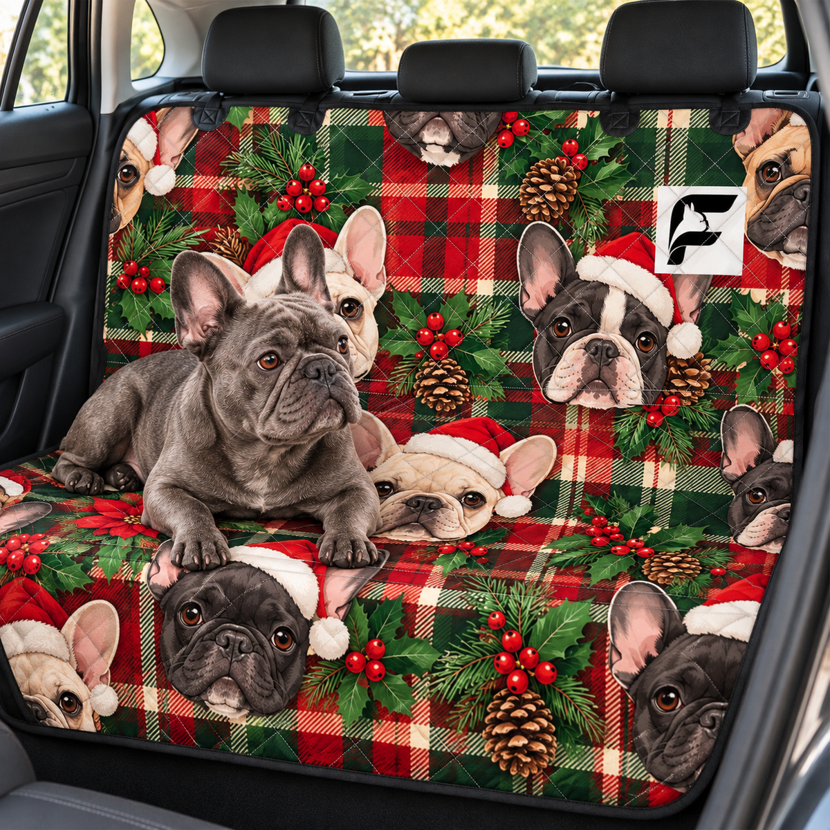 Frenchie Holiday Tartan Frenchie-pattern car seat protector installed across rear bench with French Bulldog