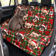 Frenchie Holiday Tartan patterned dog car seat cover with French Bulldog model on a rear bench