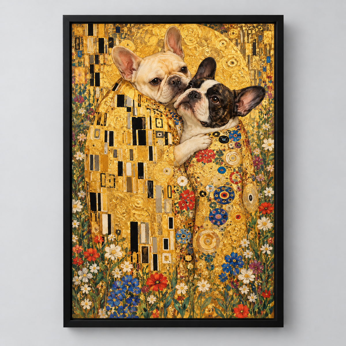 The Frenchie Kiss French Bulldog framed wall art on a light gray background