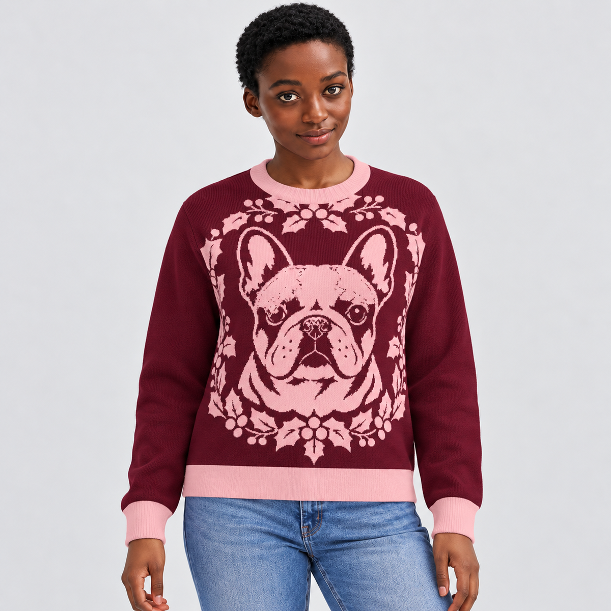 Frenchie knit sweater 04 redesigned model photograph