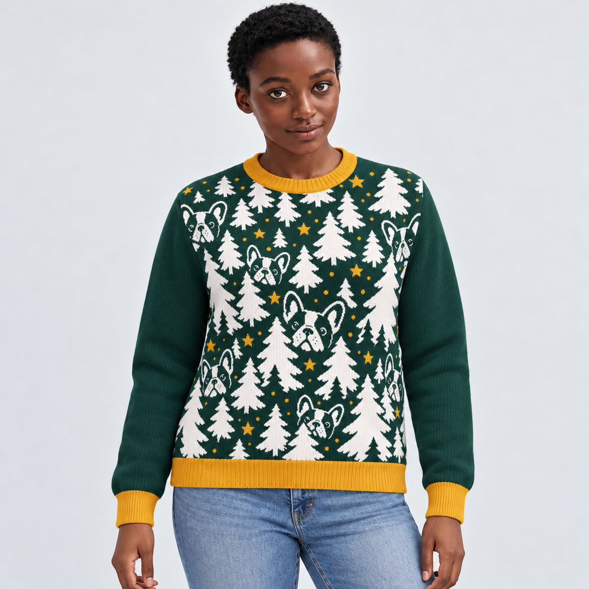 Evergreen Frenchie knit sweater redesigned model photograph