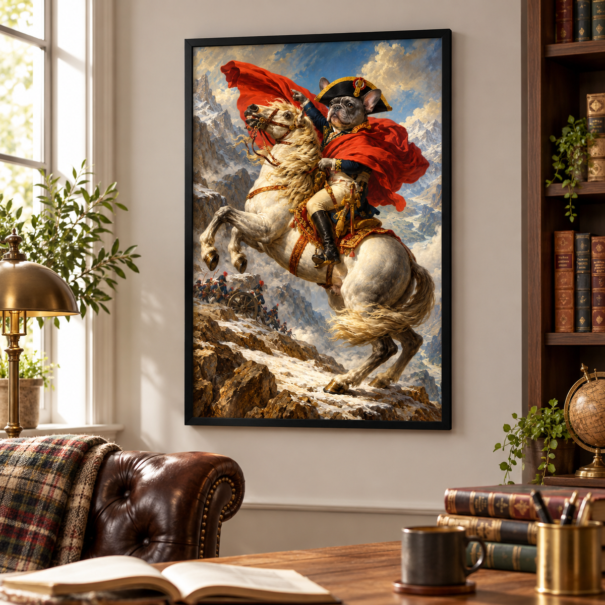 Frenchie on the Alpine Pass framed poster displayed on a cozy room wall