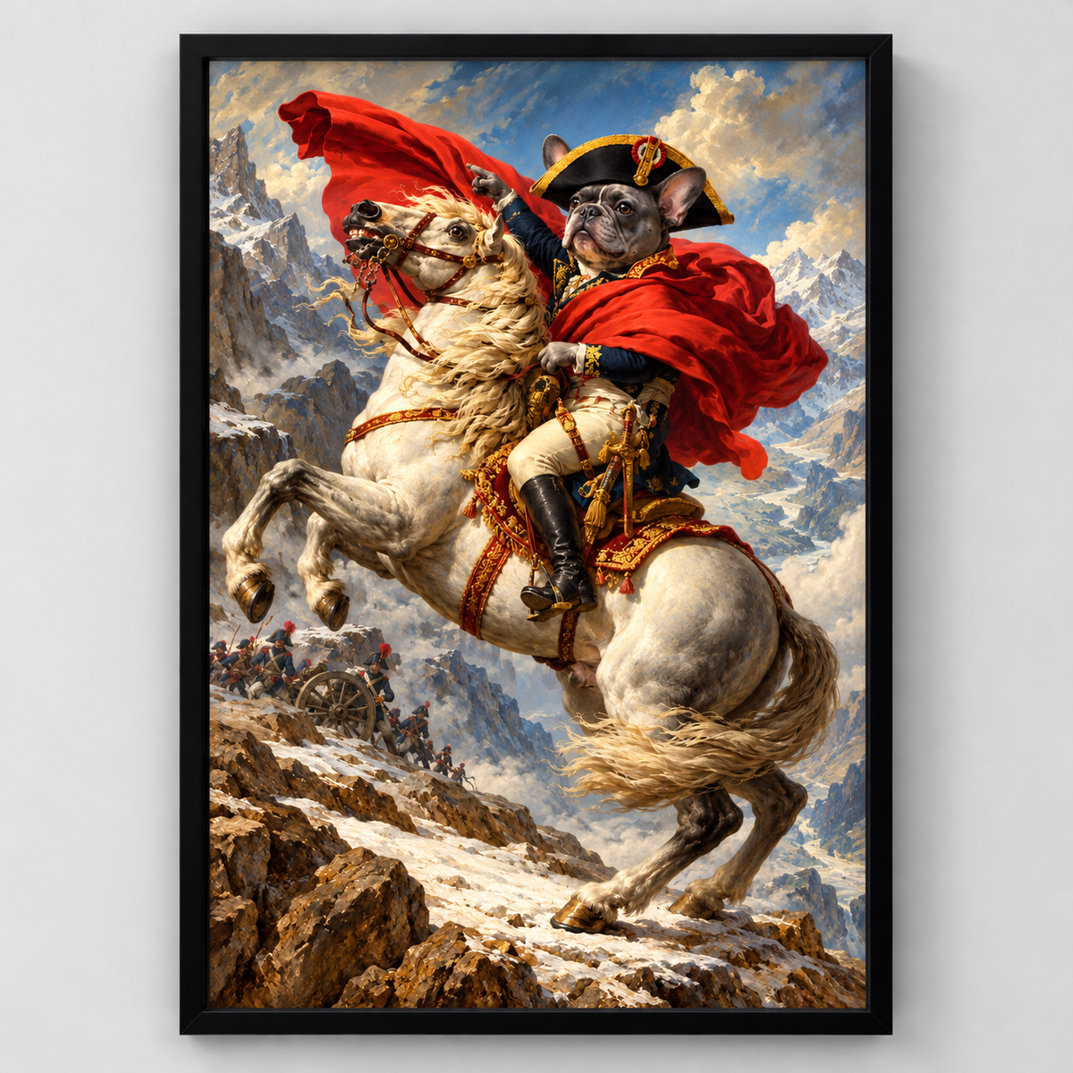 Frenchie on the Alpine Pass French Bulldog framed wall art on a light gray background
