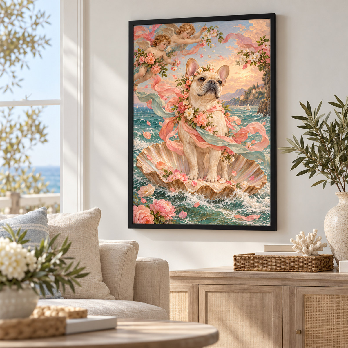 Frenchie on the Seashell framed poster displayed on a cozy room wall