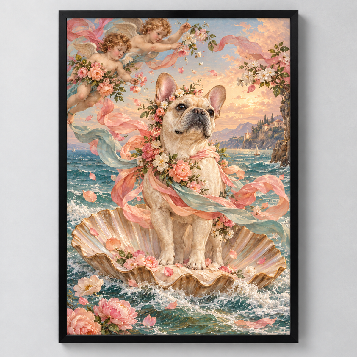 Frenchie on the Seashell French Bulldog framed wall art on a light gray background