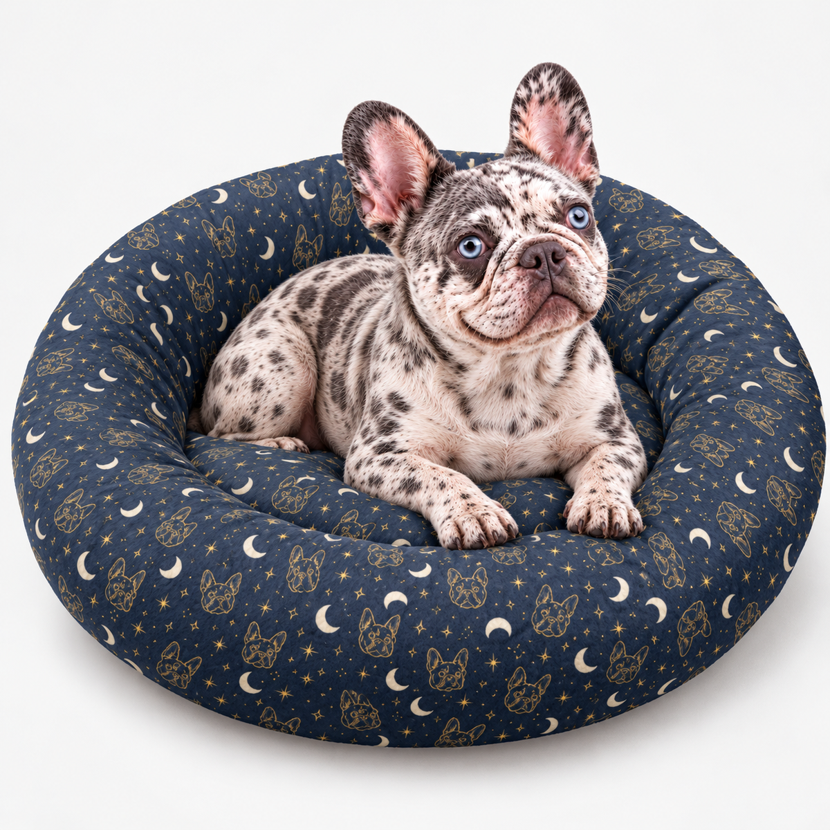 Midnight Constellation Frenchie Round Dog Bed with our French Bulldog model