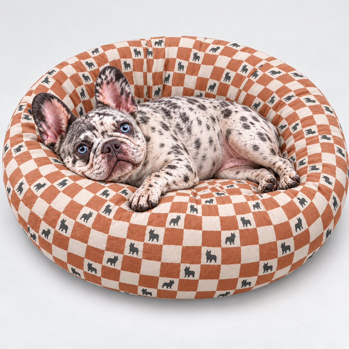 Retro Check Frenchie Round Dog Bed with our French Bulldog model
