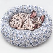 Blue Toile Frenchie Round Dog Bed with our French Bulldog model