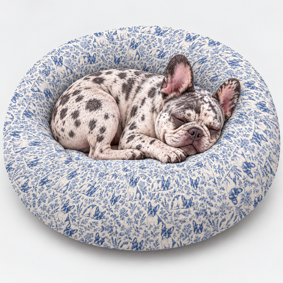Blue Toile Frenchie Round Dog Bed with our French Bulldog model