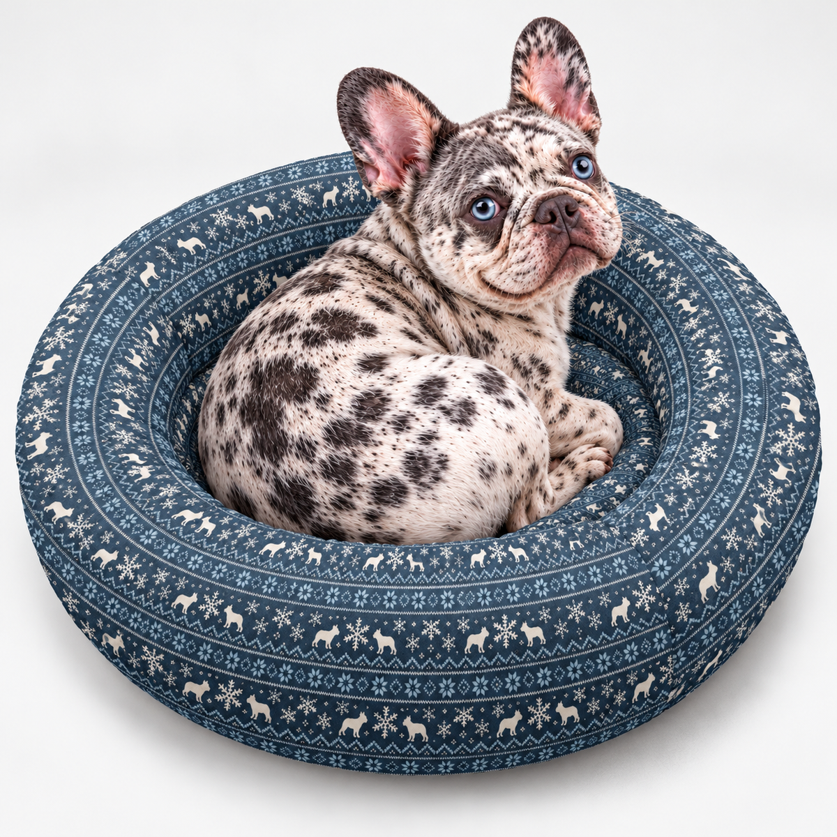 Nordic Snow Frenchie Round Dog Bed with our French Bulldog model