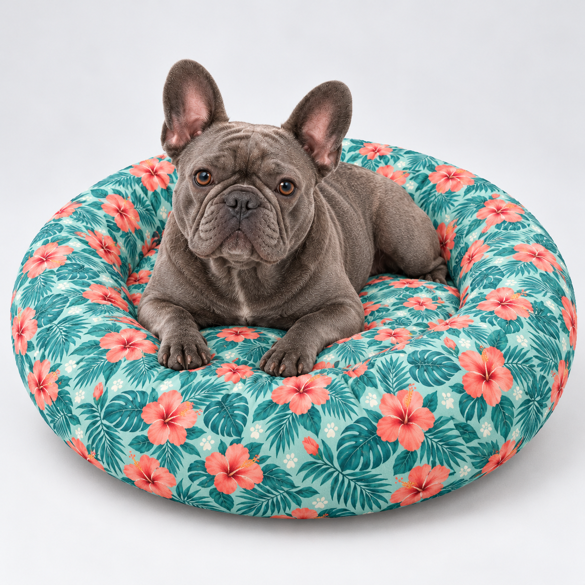 Tropical Leaves Round Dog Bed with our French Bulldog model