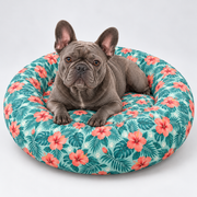 Tropical Leaves Round Dog Bed with our French Bulldog model