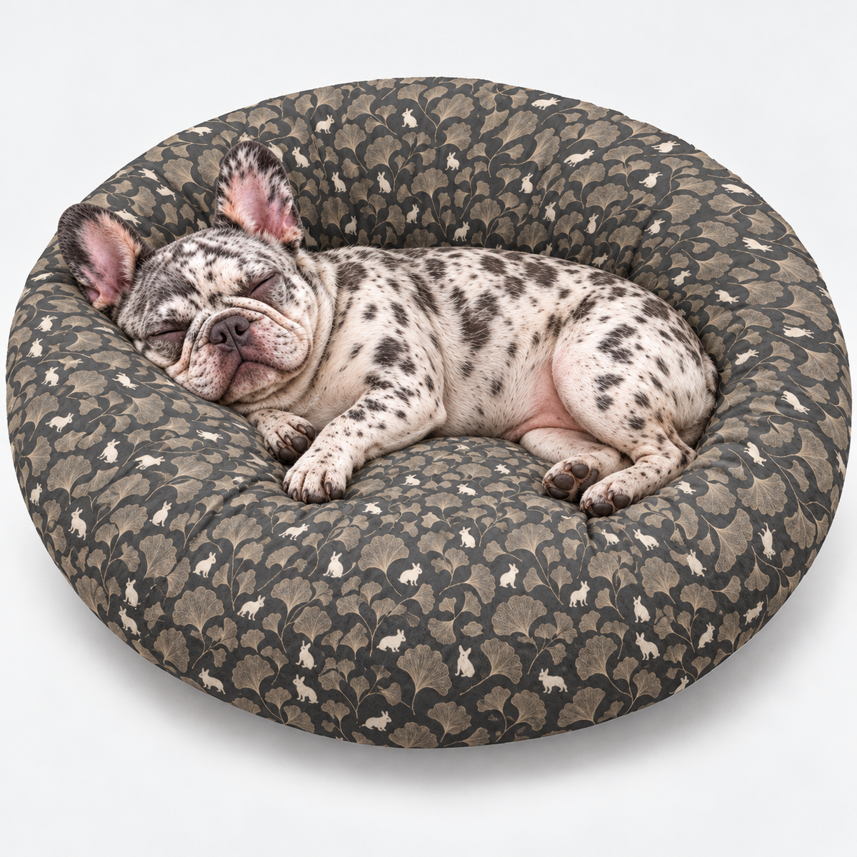 Charcoal Ginkgo Frenchie Round Dog Bed with our French Bulldog model