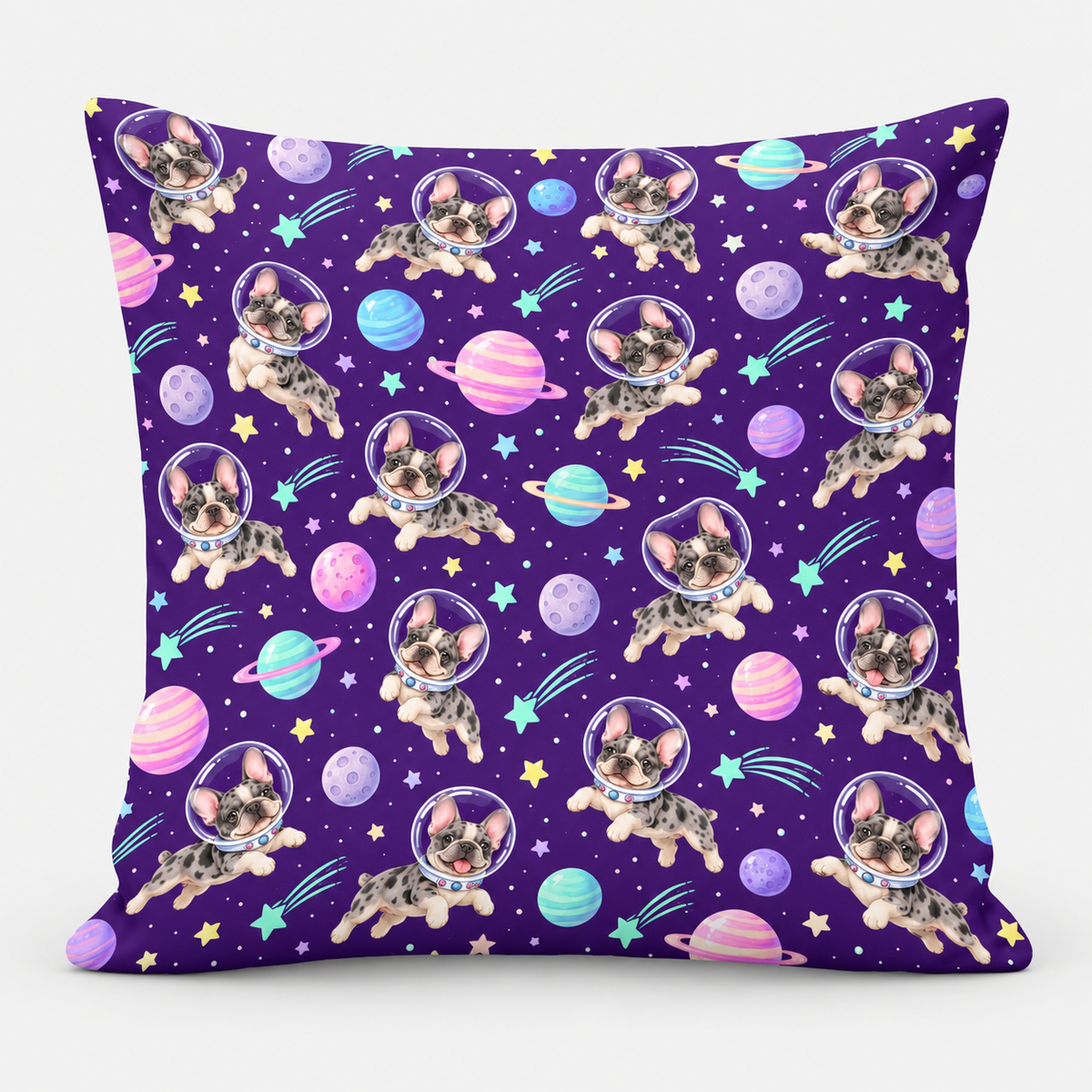 Frenchie Cosmic Pop Pillow Cover on light gray background