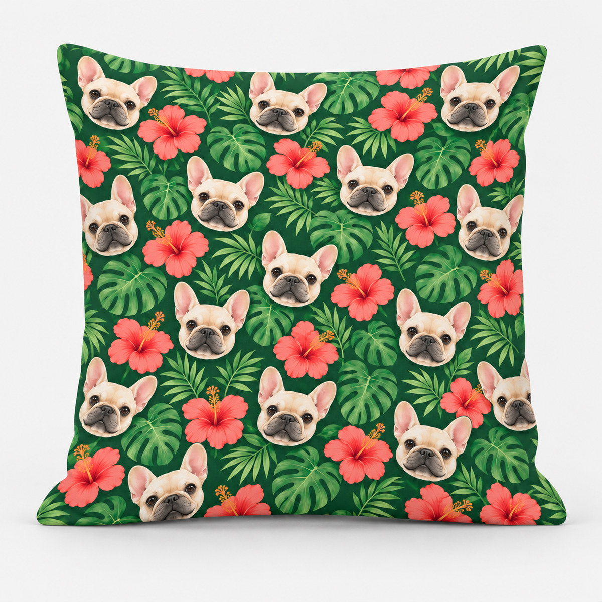 Frenchie Tropical Escape Pillow Cover on light gray background