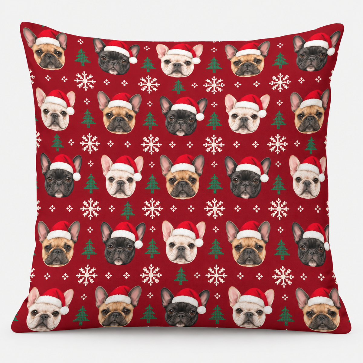 Frenchie Holiday Sweater Pillow Cover on light gray background
