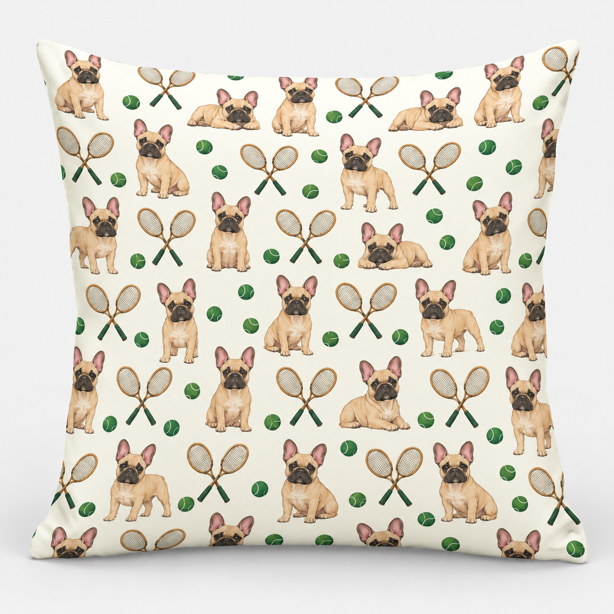 Frenchie Tennis Social Pillow Cover on light gray background