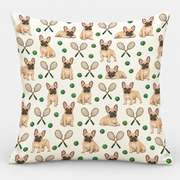 Frenchie Tennis Social Pillow Cover on light gray background