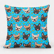 Comic Frenchie Chaos Pillow Cover on light gray background