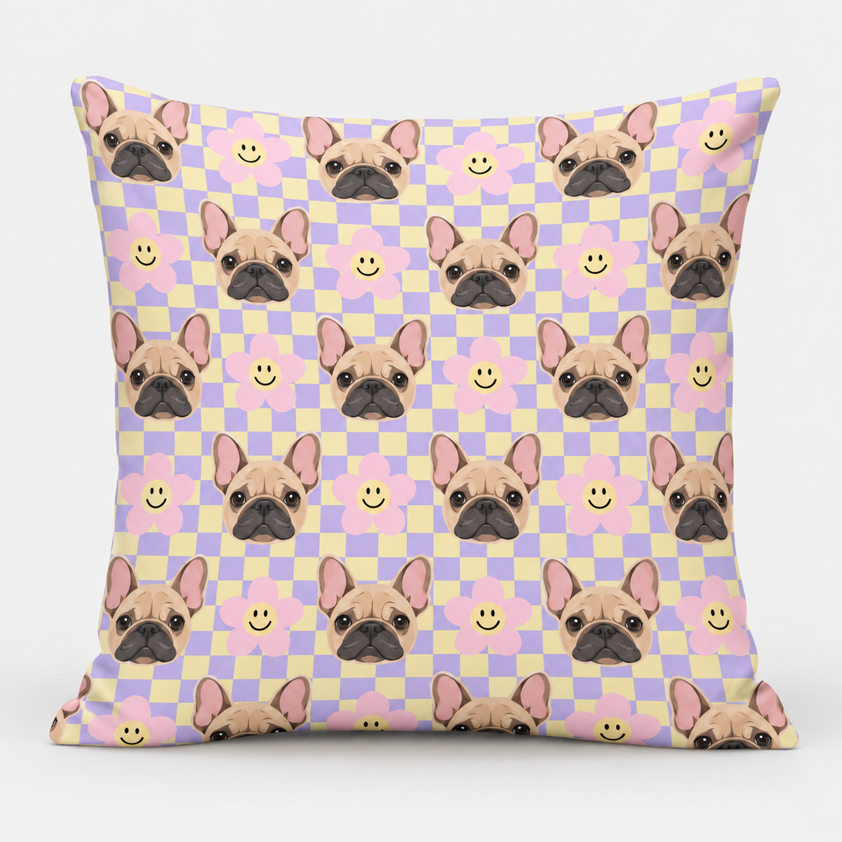 Frenchie Pastel Checkerboard Pillow Cover on light gray background