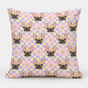 Frenchie Pastel Checkerboard Pillow Cover on light gray background