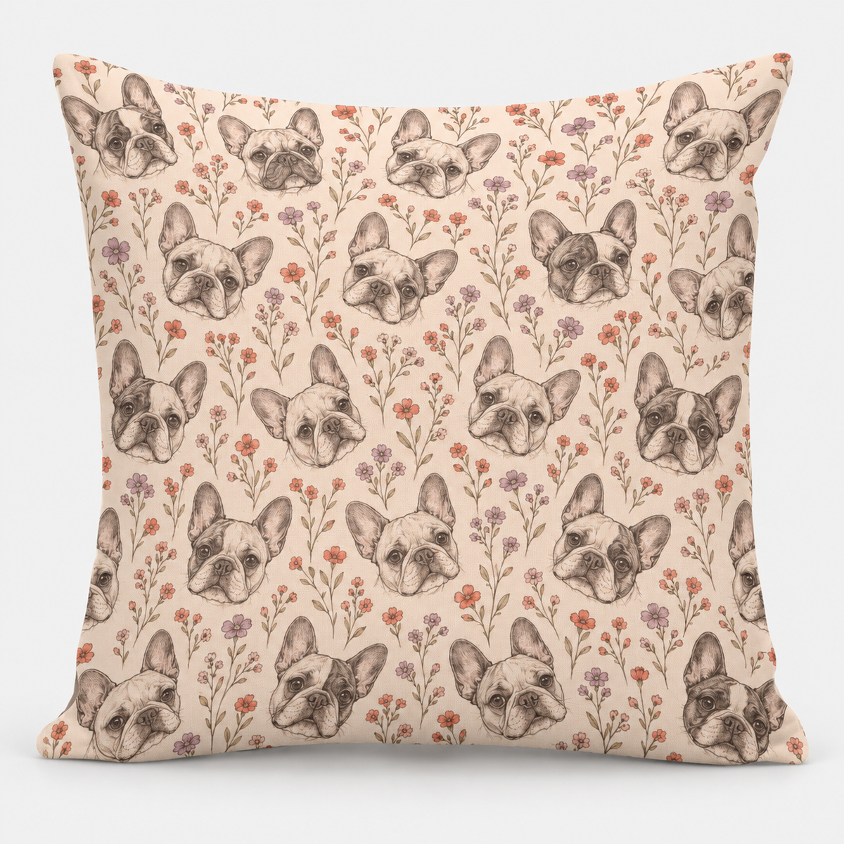Frenchie Wildflower Sketch Pillow Cover on light gray background