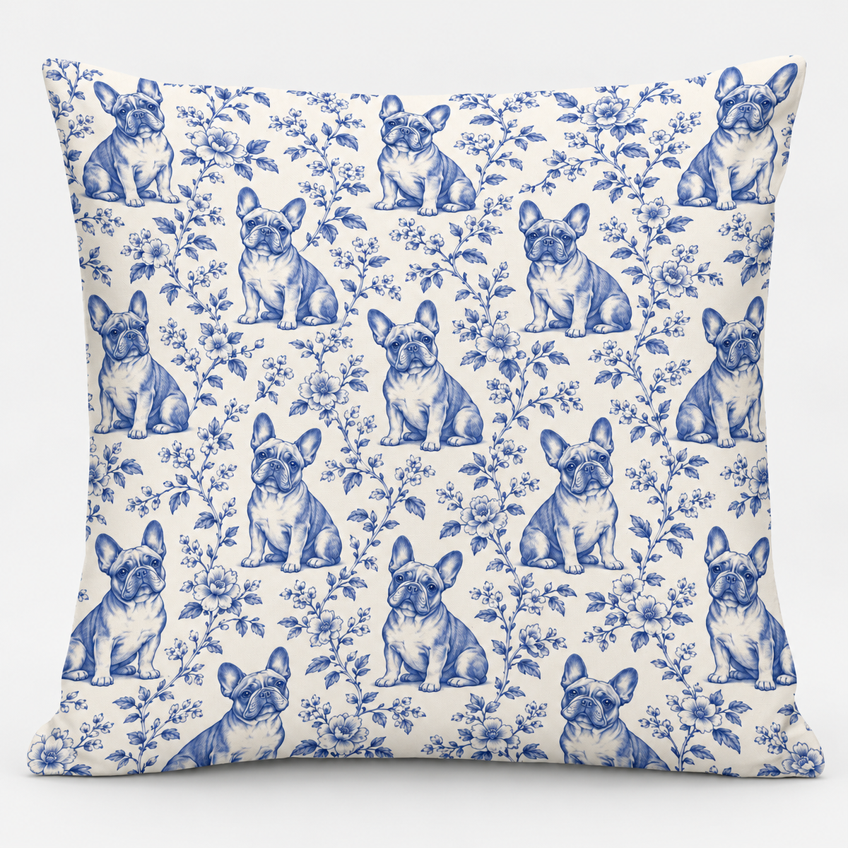 Frenchie Blue Toile Pillow Cover on light gray background